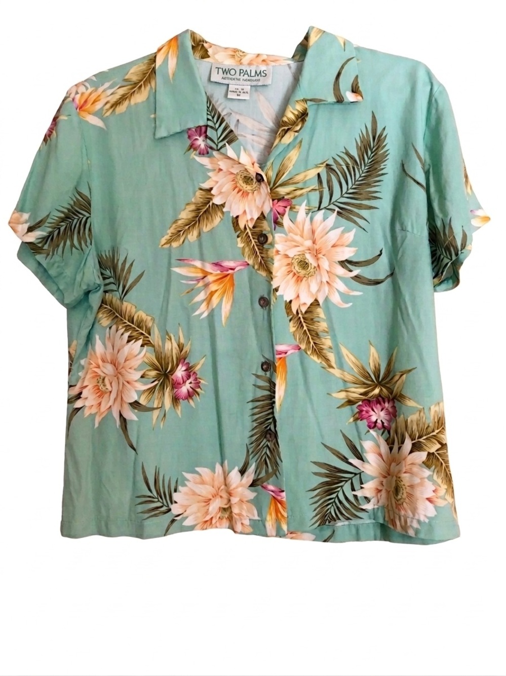 VTG Two Palms Hawaiian Shirt M Mint Green Coconut Buttons Made In Hawaii Aloha